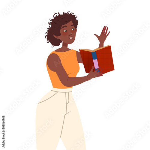Bookcrossing with Happy African American Woman Character Reading Borrowed Paper Book Vector Illustration