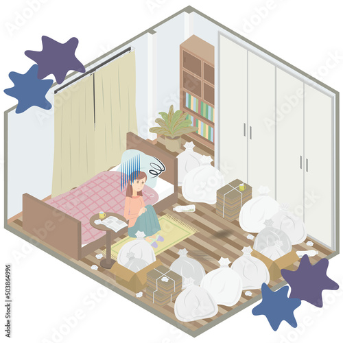 部屋で一人で孤独に悩む若い女性