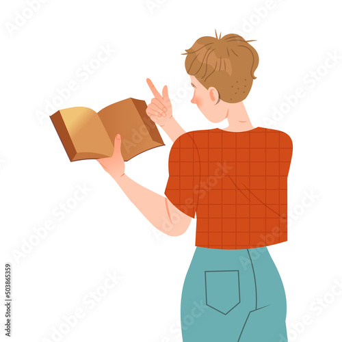 Bookcrossing with Happy Man Character Reading Borrowed Paper Book Vector Illustration