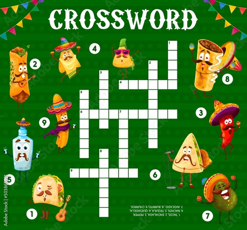 Cartoon funny mexican food characters crossword grid, find a word quiz game. Vector worksheet with tacos, enchilada, pepper, nachos or tequila, quesadilla, avocado, burrito and churros tex mex meals