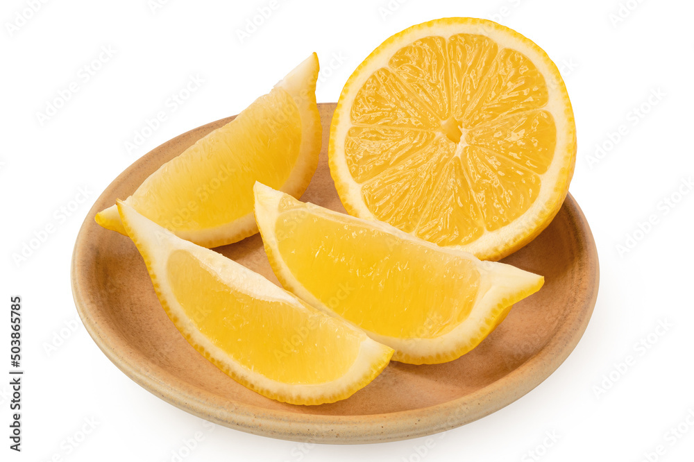 Half of fresh lemon and three segments on rustic plate. Half of fresh lemon and three segments on rustic plate.