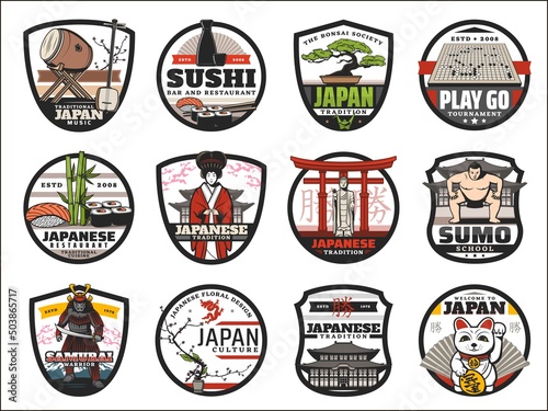Japan isolated icons with vector Japanese sushi food, bonsai and samurai, geisha, sake and sakura, pagoda, drum and torii gate. Japanese travel landmark, oriental culture and Asian tradition badges photo