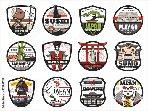 Japan isolated icons with vector Japanese sushi food, bonsai and samurai, geisha, sake and sakura, pagoda, drum and torii gate. Japanese travel landmark, oriental culture and Asian tradition badges
