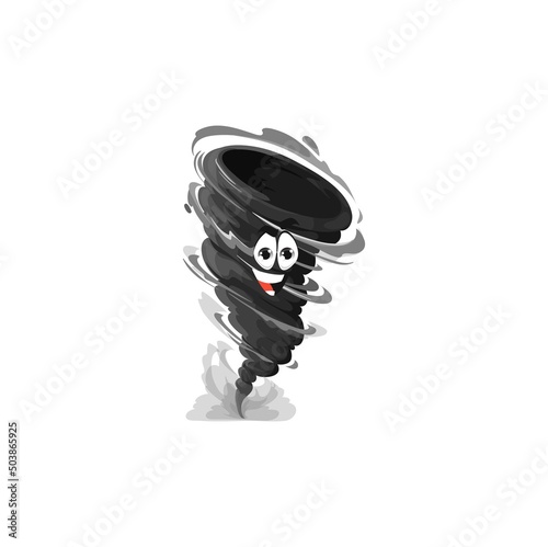 Cartoon tornado character, funny vector storm, isolated weather hurricane vortex. Whirlwind twister, cyclone whirl personage, funnel with smiling face. Swirl or twist natural disaster