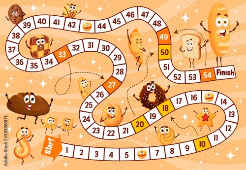 Kids board game. Cartoon bakery and cookies characters. Child roll and move game, children playing activity vector boardgame with wheat and rye bread, donut and loaf, croissant dessert personages photo