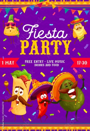 Fiesta party flyer, cartoon mexican food characters. Vector poster with burrito, jalapeno, nachos and avocado personages in traditional sombrero hats playing maracas. Cinco de Mayo holiday celebration