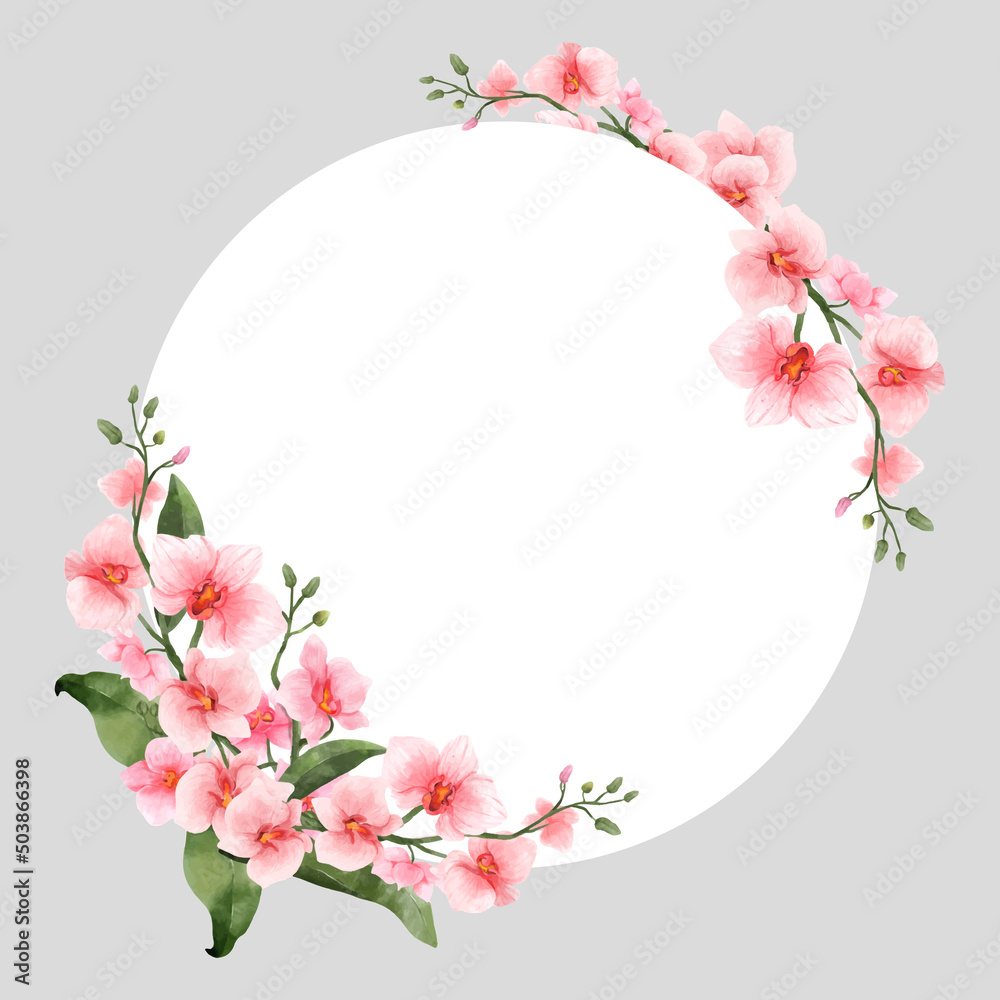 Pink Orchid Flowers watercolor border for wedding, greeting or invitation card isolated. Vintage flowers frame for summer or spring template. Vector illustration