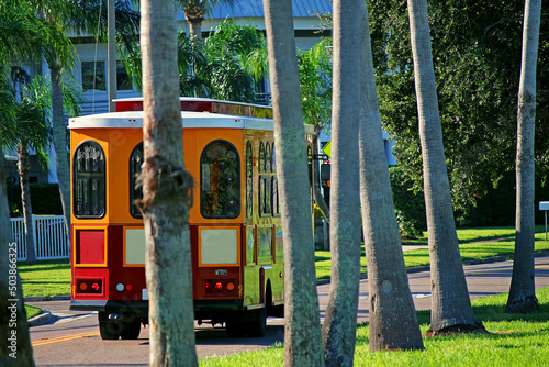Jolley Trolley bus among the palm trees in Dunedin, a coastal city located along the Gulf Coast just west of Tampa, Florida, United States