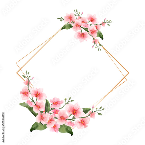 Pink Orchid Flowers watercolor border for wedding, greeting or invitation card isolated. Luxury vintage flowers with shiny gold frame for summer or spring template. Vector illustration