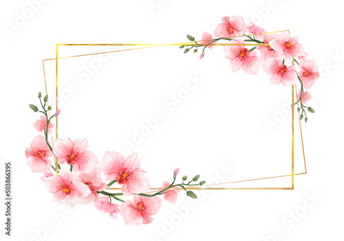 Pink Orchid Flowers watercolor border for wedding, greeting or invitation card isolated. Luxury vintage flowers with shiny gold frame for summer or spring template. Vector illustration