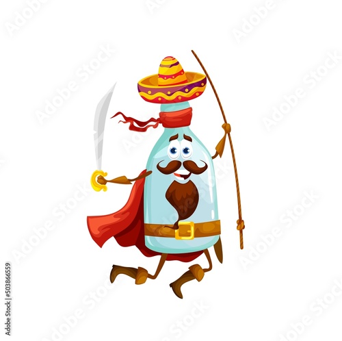 Cartoon mexican tequila pirate character. Isolated vector bottle in sombrero, red cape, boots, gloves and bandana run with sabers in hands. Funny alcohol drink filibuster personage, glass flask rover
