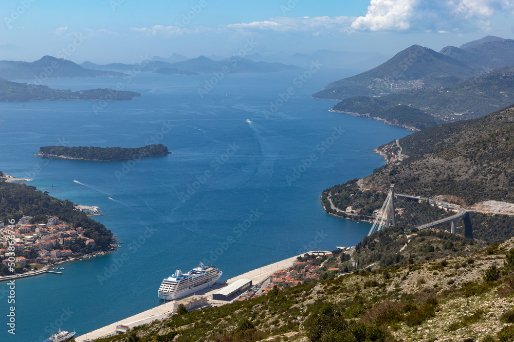 Aerial view of port of Dubrovnik with cruise ships and yachts, Adriatic sea.