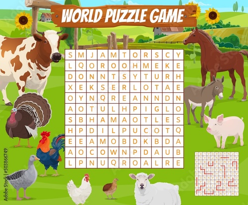 Cartoon farm animals on word search puzzle game worksheet. Children quiz grid, logical riddle or intelligence test with vocabulary and alphabet learning activity. Child kindergarten game vector page