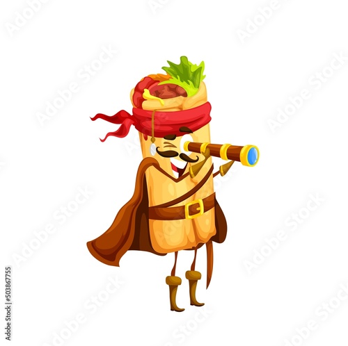 Cartoon mexican burrito pirate character with spyglass. Vector tex mex corsair food personage for kids menu. Fast food wear cape and bandana. Funny filibuster snack, meal of Mexico