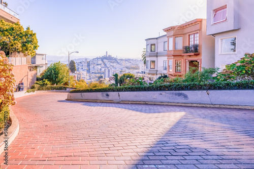 San Francisco, California, USA - October 16, 2021, view of the city from the top of Lombard street. The photo was processed in pastel colors.