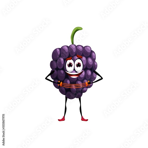 Cartoon blackberry with expander. Funny vector sportsman berry character doing sport exercises with sports tool for training arms. Isolated healthy food, sport lifestyle, organic nutrition, vitamin