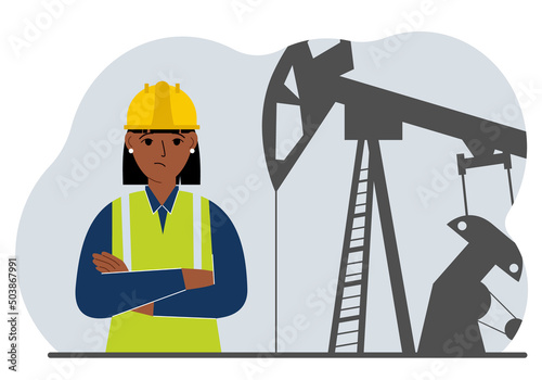 Oil refinery engineer. A female worker in front of a pumping unit for oil extraction, oil drilling and well repair.