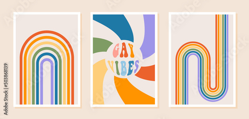 Pride month posters with rainbow and gay vibes phrase in retro groovy 60s 70s style. Set of queer vertical greeting cards with mid century rainbow. Greeting cards with positive rainbow colors. Vector.
