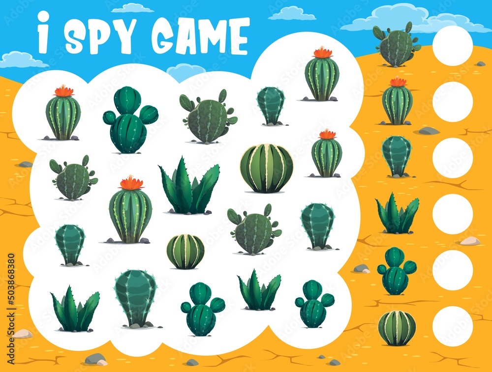 I spy game. Cactuses in desert. Child counting puzzle, kids educational ...