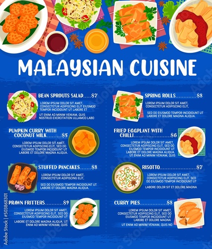 Malaysian cuisine menu for Asian restaurant food dishes and meals, vector. Malaysian cuisine lunch or dinner food menu for spring rolls, risotto and eggplant with chilli, prawn fritters and pancakes