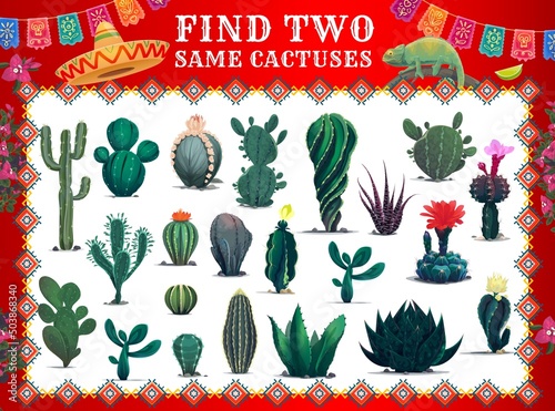 Mexican cactuses, find two same cartoon prickly succulent plants game worksheet. Vector educational riddle for kids leisure activity with cacti of Mexico. Children brainteaser with tropical flora