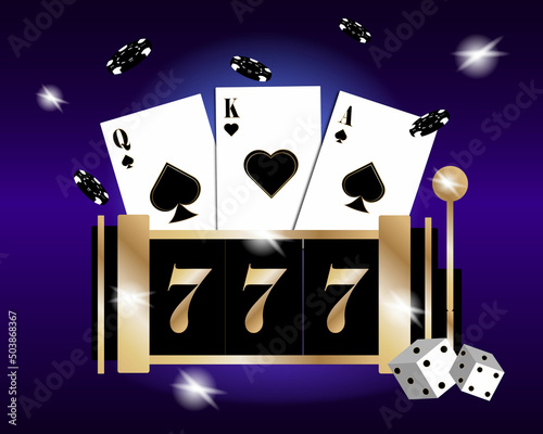 Golden casino slot with poker chips, roulette.