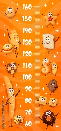 Cookies, desserts and bakery characters kids height chart. Vector growth meter ruler with baguette, croissant, toast, shortbread, chocolate donut, fortune cookie or star cartoon personages, wall ruler