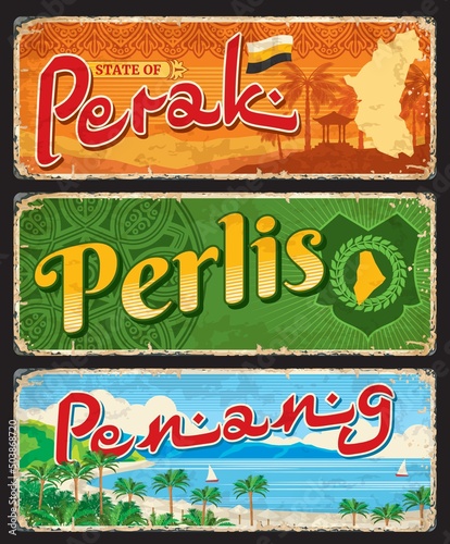 Perak, Penang and Perils, Malaysian regions travel stickers and plates, vector tin signs. Malaysia provinces or states vintage luggage tags with tourism landmarks and Malaysian region symbols