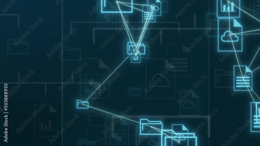 abstract network with clouds and different file and folder icons, sharing data, concept of cloud computing, document management system, global business, big data (3d render)