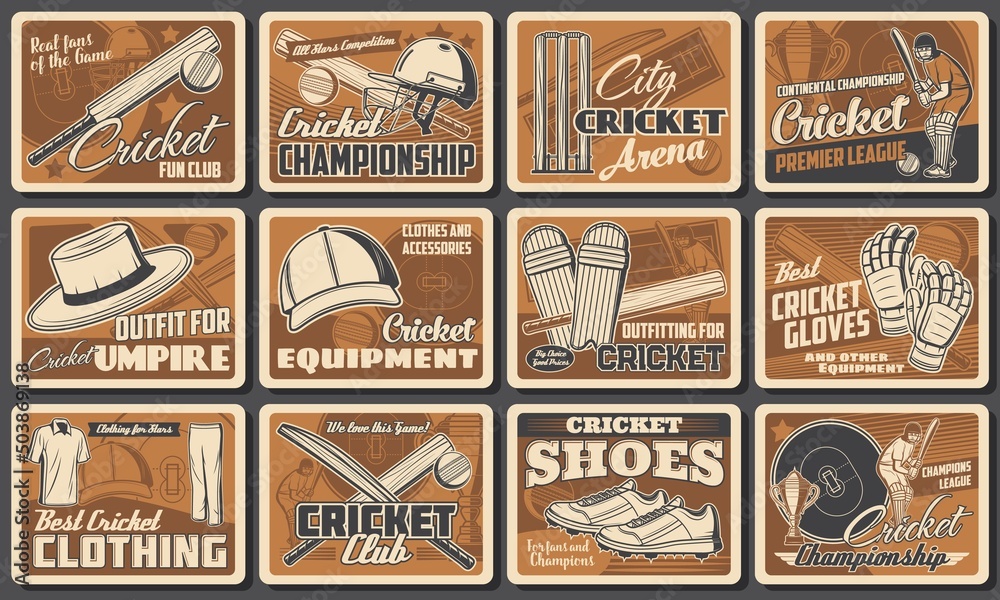 Cricket club sport retro posters, play equipment and tools ball, bat