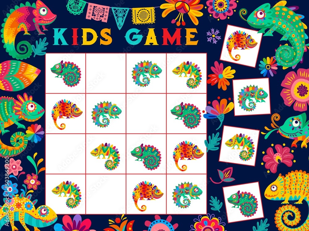 Cartoon mexican chameleons and flowers on kids sudoku game worksheet. Kindergarten kids playing activity, children logical puzzle vector worksheet. Child educational quiz with mexico jungle lizard