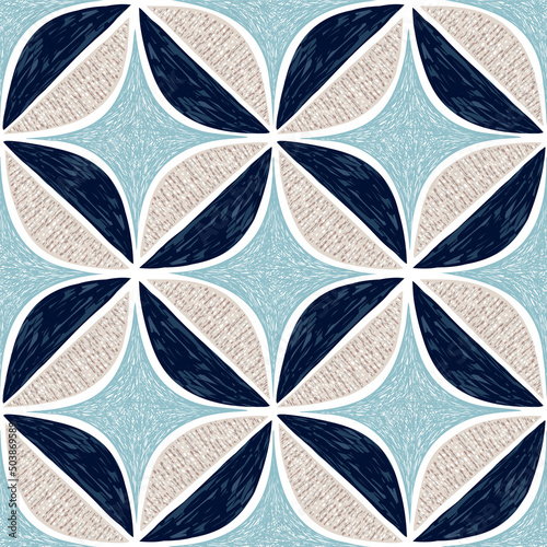 Circle diamond seamless textured patchwork pattern. Overlapping geometric stylish simple leaf shapes. Blue, navy, beige vintage geo mid century retro background 