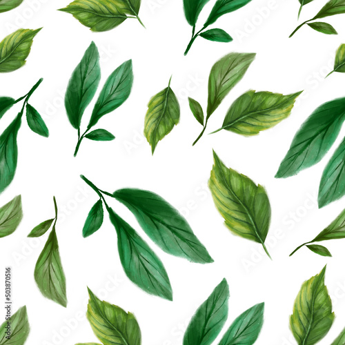 Branches and leaves seamless pattern. Bright summer design in a watercolor style. © iuvmiro