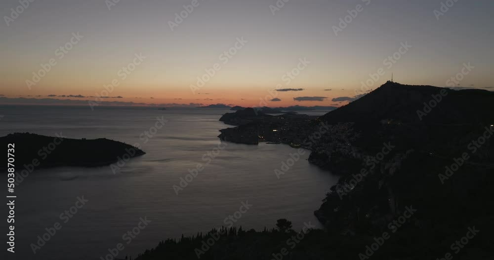 Aerial 5K Drone Dark Silhouette Of Dubrovnik Old Town By The Sea At Last Light, Dusk, Croatia Aerial 5K Drone Dark Silhouette Of Dubrovnik Old Town By The Sea At Last Light, Dusk, Croatia
