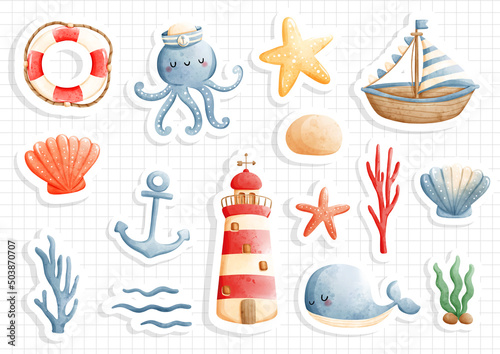 Sticker sheet summer, nautical vector illustration