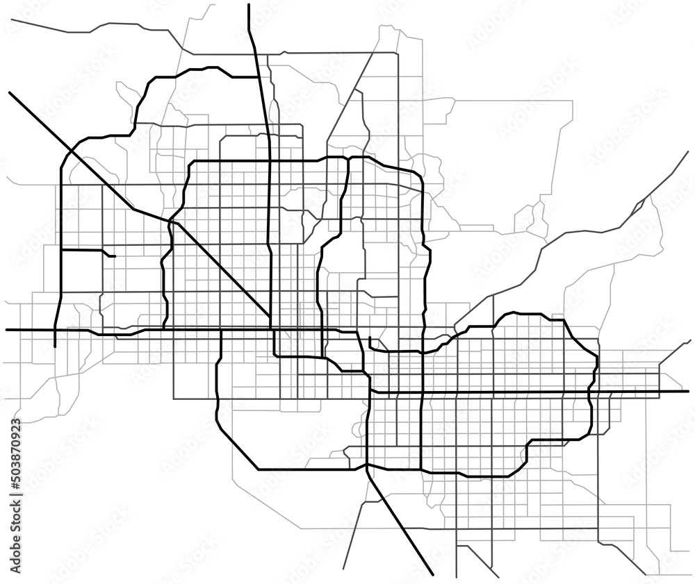 Phoenix city map (USA) - town streets on the plan. Monochrome line map of the scheme of road. Urban environment, architectural background. Vector Phoenix city map (USA) - town streets on the plan. Monochrome line map of the scheme of road. Urban environment, architectural background. Vector