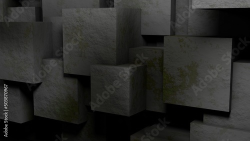 Concrete Brick Wall with Moss Abstract Wallpaper. 3d Illustration.