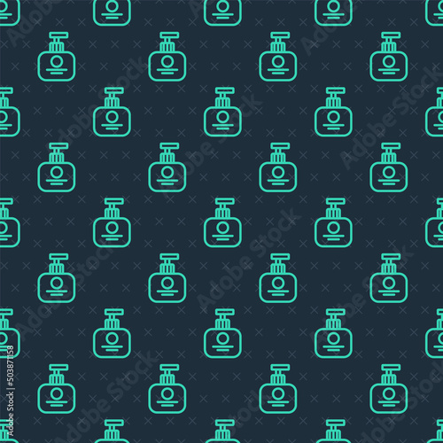 Green line Tube of hand cream icon isolated seamless pattern on blue background. Vector