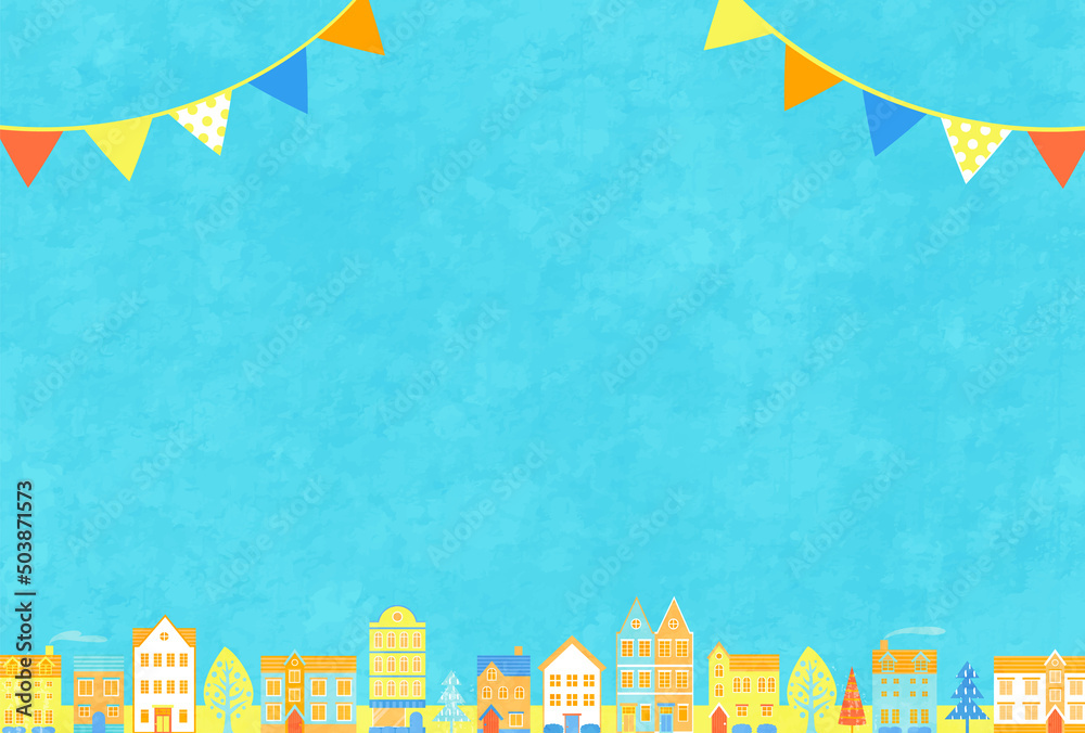 夏の街並みとガーランドのベクターイラスト背景 バナー ポスター 街並み 青空 空 Art Holiday Card 家 Stock 벡터 Adobe Stock