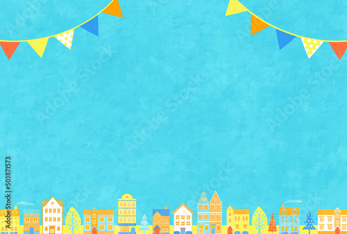 夏の街並みとガーランドのベクターイラスト背景(バナー,ポスター,街並み,青空,空,art,holiday,card,家) 