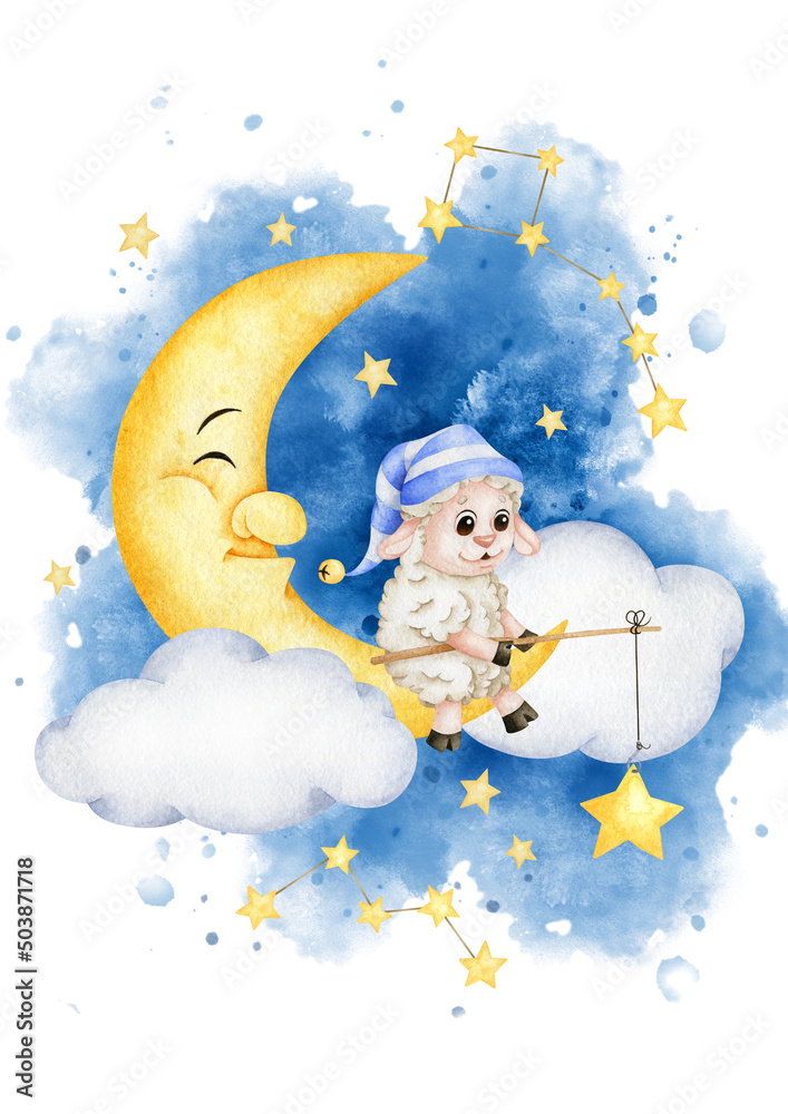 Obraz premium Cute little lamb sitting on the moon