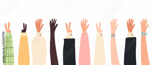 Set of raised hands. A group of diverse human weapons. The concept of the international volunteer community. Teamwork, collaboration, voting, volunteer concert. Vector illustration