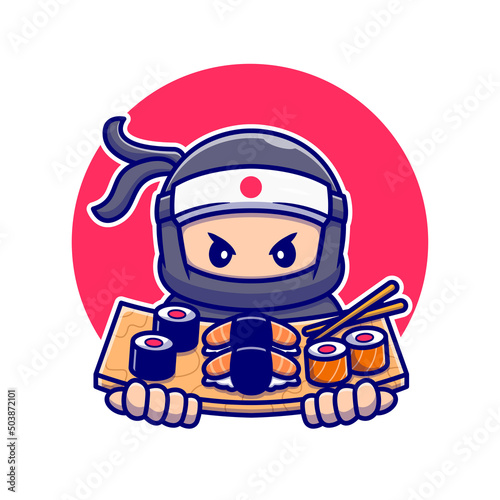 Cute Ninja With Sushi Cartoon Vector Icon Illustration. People Food Icon Concept Isolated Premium Vector. Flat Cartoon Style