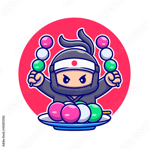 Cute Ninja Eating Dango Cartoon Vector Icon Illustration. People Food Icon Concept Isolated Premium Vector. Flat Cartoon Style
