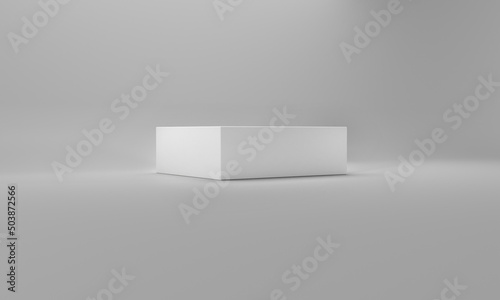 Blank white flat square gift box on grey background. Clipping path around box mock up. 3d illustration