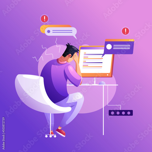 The irritable programmer did not cope with the task. Development of programming and coding technologies. A screen with codes, a developer working with a task. Isolated vector illustration.