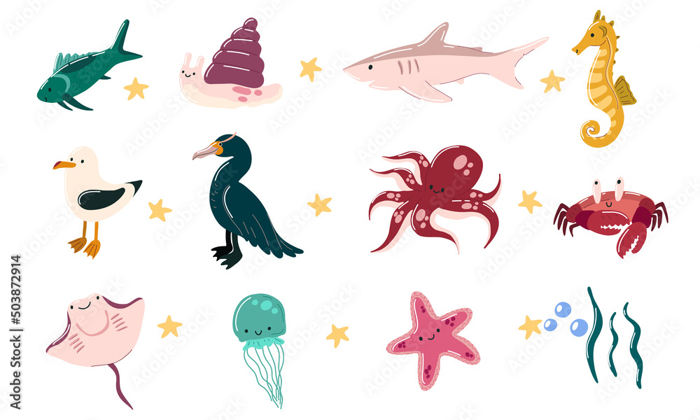 Obraz premium Cute sea animals, Underwater marine life. Children cartoon octopus, crab, albatross, cormorant, shark, fish, jellyfish, star fish, sea horse, stingray, snail. Vector illustration isolated on a white