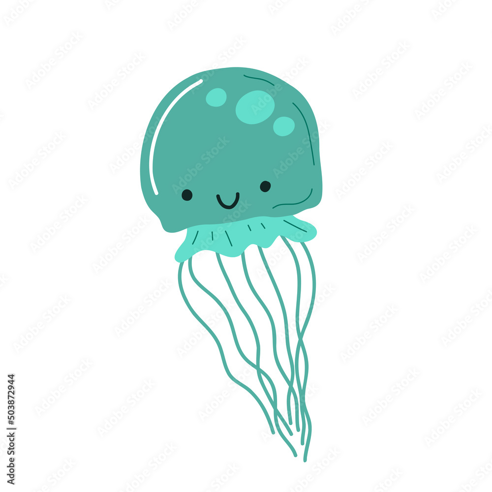 Jellyfish. Cute hand drawn octopus jellyfish character. Children's marine oceanic fish. Vector illustration on a white background.