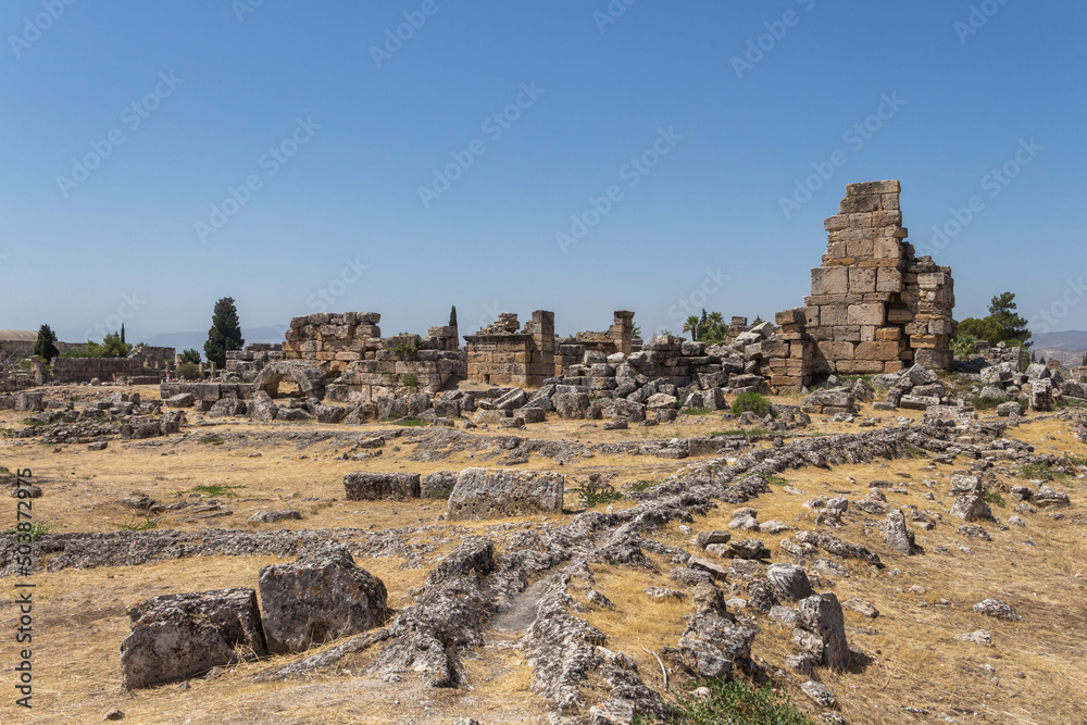 Turkey, Denizli, 29.08.2021: 
Ruins of Hierapolis in Turkey. Ancient necropolis in Pamukkale. Travel in Turkey.