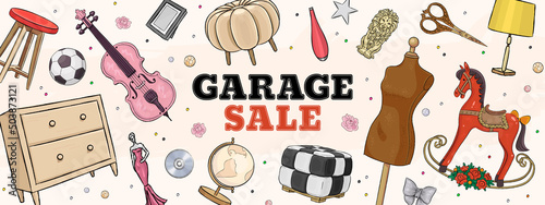 Garage sale concept illustration. Garage promotional sale horizontal banner with hand drawn furniture, cello and mannequin
